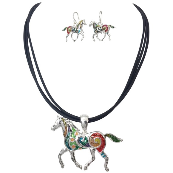 Multicolor Painted Horse Necklace & Earrings Set - Picture 1 of 3